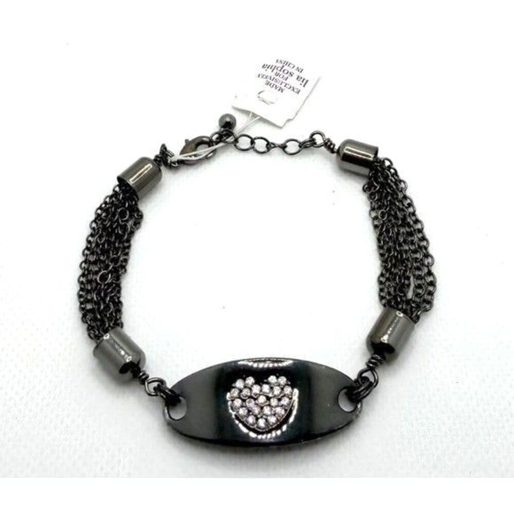 NWT Lia Sophia "Love Note" Gunmetal Multi Chain Rhinestone Heart Bracelet